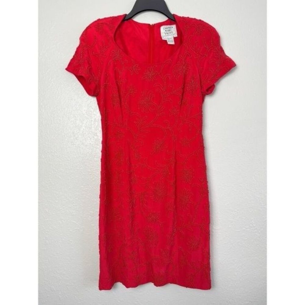 Carmen Marc Valvo silk vintage red floral sequin sheath dress 6 formal
